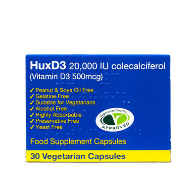 Huxley HuxD3 20,000iu Vitamin D3 Colecalciferol - 30 Veg Caps