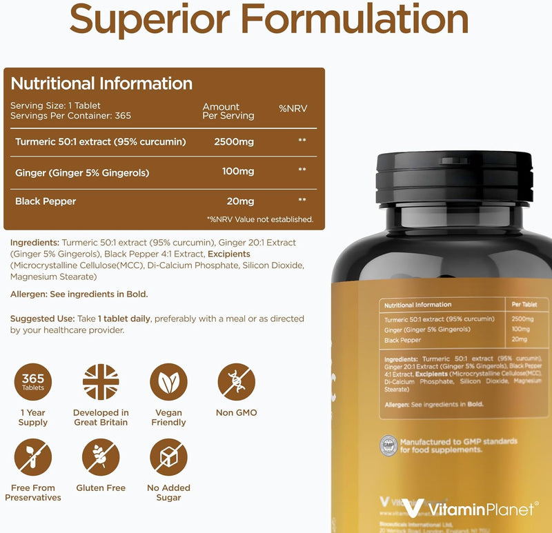 Organic Turmeric with Ginger & Black Pepper – 365 Tablets, 1 Year Supply