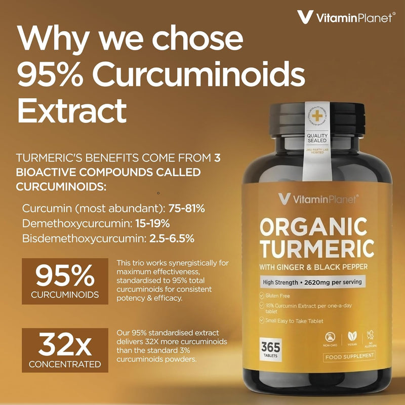 Organic Turmeric with Ginger & Black Pepper – 365 Tablets, 1 Year Supply