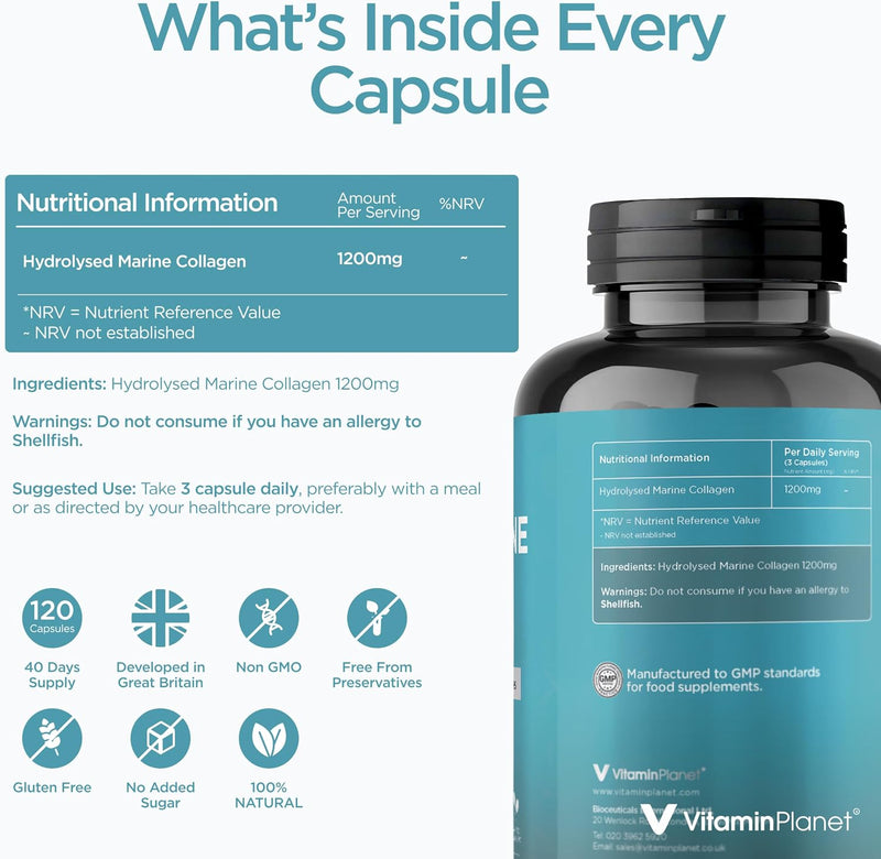 Pure Marine Collagen 1200mg, Type I & III Hydrolysed Peptides – 120 Capsules, 40 Days Supply