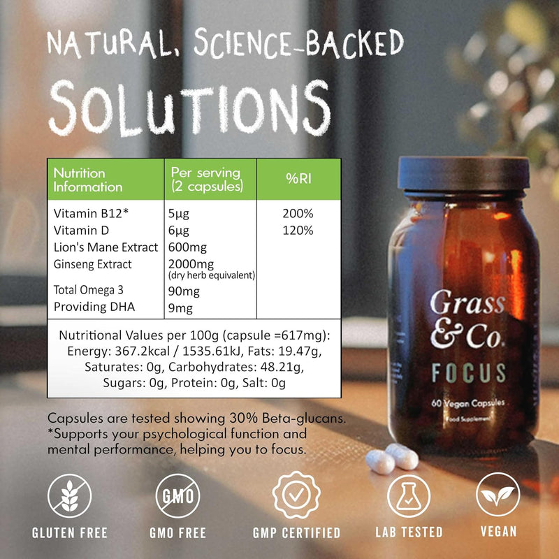 Grass & Co. Lions Mane Mushroom with Ginseng + Omega 3, Vitamin D + B12 - 60 Capsules