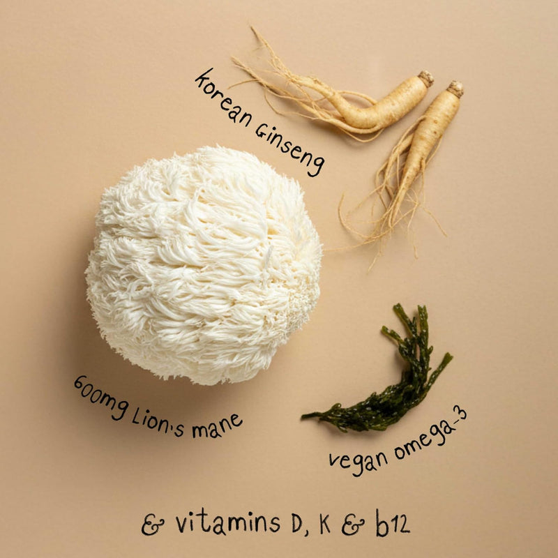 Grass & Co. Lions Mane Mushroom with Ginseng + Omega 3, Vitamin D + B12 - 60 Capsules