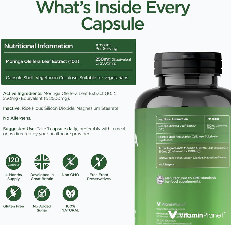 Moringa Leaf 2500mg, Pure Extract, 120 Vegan Capsules, 4 Month Supply, Vegan