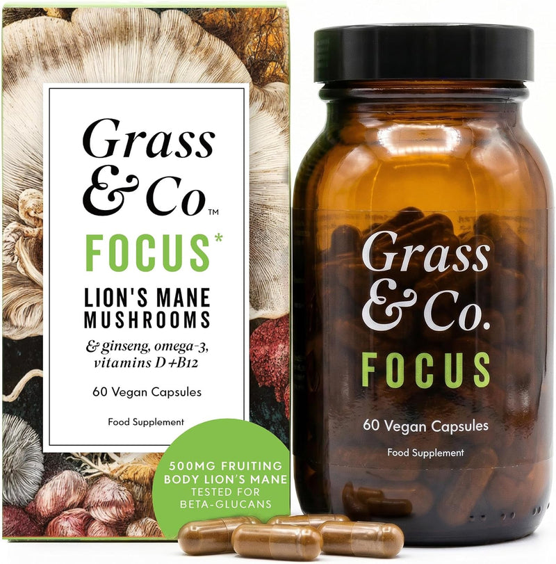 Grass & Co. Lions Mane Mushroom with Ginseng + Omega 3, Vitamin D + B12 - 60 Capsules