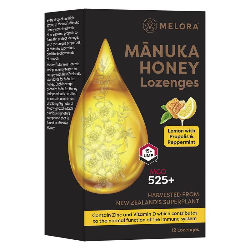 Melora MGO525+ Manuka Honey Lemon with Propolis & Peppermint - 12 Lozenges