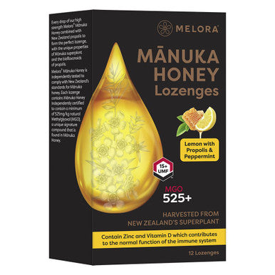 Melora MGO525+ Manuka Honey Lemon with Propolis & Peppermint - 12 Lozenges