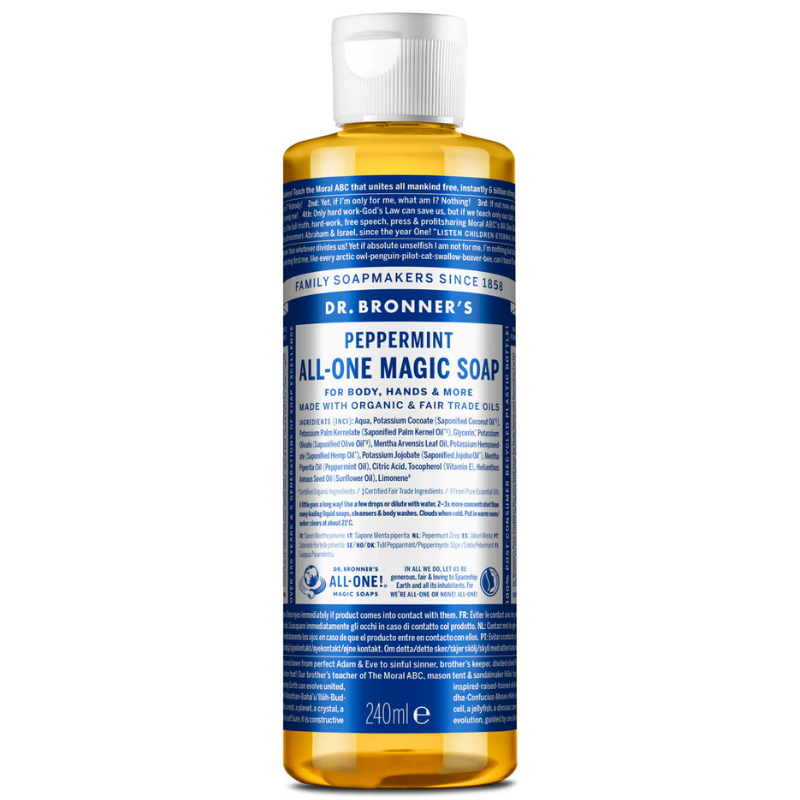 Dr Bronner Peppermint All-One Magic Soap (240ml) - Multi Use Liquid Soap