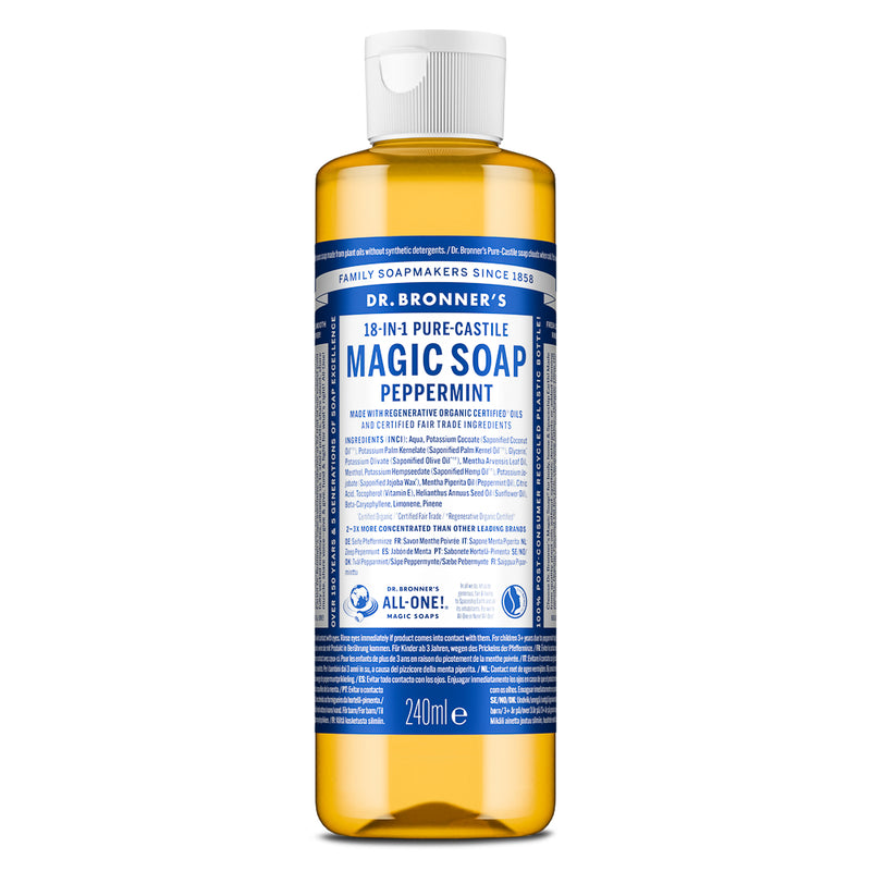 Dr Bronner Peppermint All-One Magic Soap (240ml) - Multi Use Liquid Soap