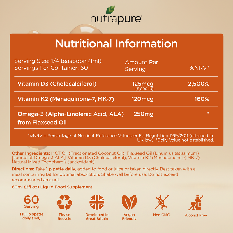 Nutrapure Vitamin D3 5,000 IU & K2 MK-7 Liquid Supplement with Omega-3 - 60ml