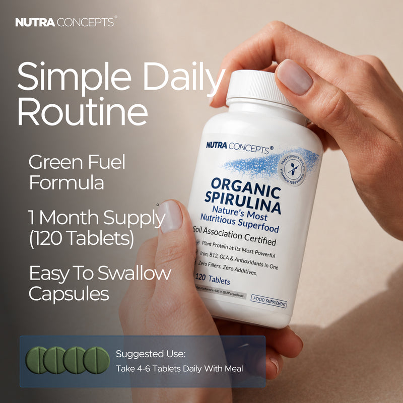 Nutraconcepts Organic Spirulina - Superfood Antioxidant & Immune Support - 120 Tablets