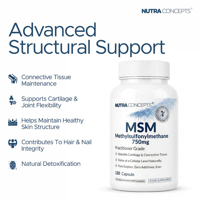 Nutraconcepts MSM Sulphur - Joint Cartilage Skin Hair & Nail Support - 120 Capsules
