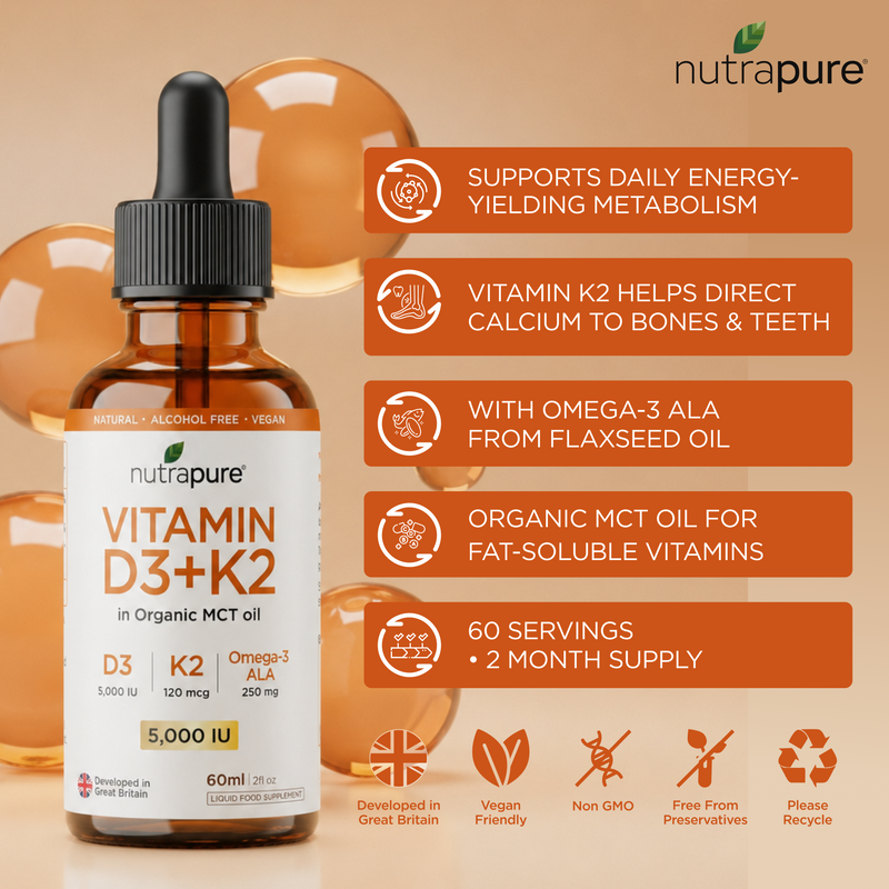 Nutrapure Vitamin D3 5,000 IU & K2 MK-7 Liquid Supplement with Omega-3 - 60ml