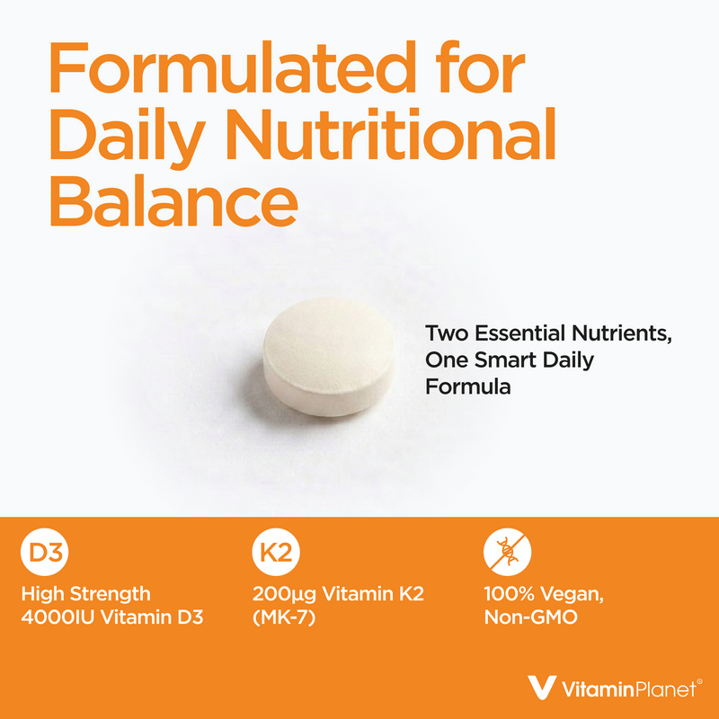 Vitamin D3 & K2 (MK-7), 4000IU + 200mcg, 365 Tablets, 1-Year Supply, Vegan