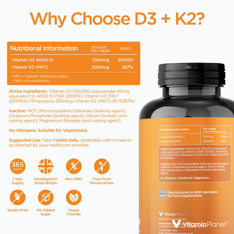 Vitamin D3 & K2 (MK-7), 4000IU + 200mcg, 365 Tablets, 1-Year Supply, Vegan