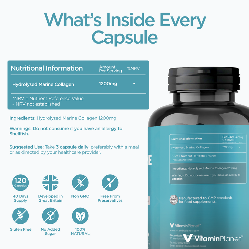 Pure Marine Collagen 1200mg, Type I & III Hydrolysed Peptides – 120 Capsules, 40 Days Supply