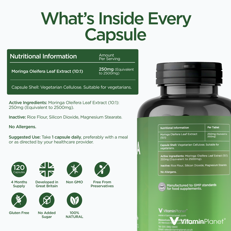 Moringa Leaf 2500mg, Pure Extract, 120 Vegan Capsules, 4 Month Supply, Vegan