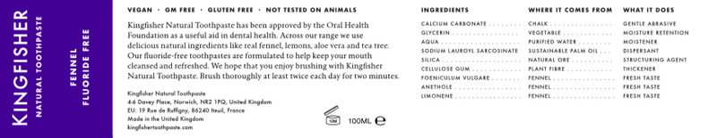 Kingfisher Fluoride Free Fennel Toothpaste - 100ml